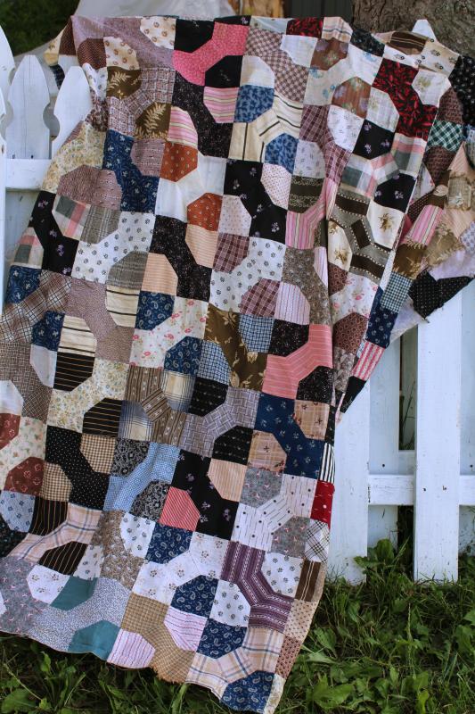 photo of 1800s vintage bow tie patchwork quilt top, antique cotton fabric shirtings & prints #10