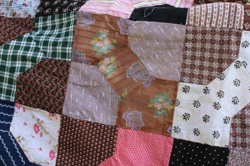 photo of 1800s vintage bow tie patchwork quilt top, antique cotton fabric shirtings & prints #11