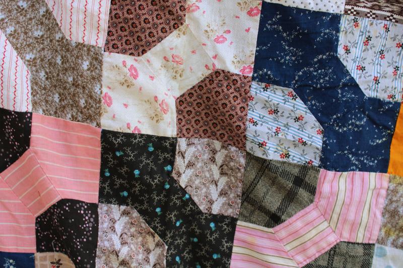 photo of 1800s vintage bow tie patchwork quilt top, antique cotton fabric shirtings & prints #13