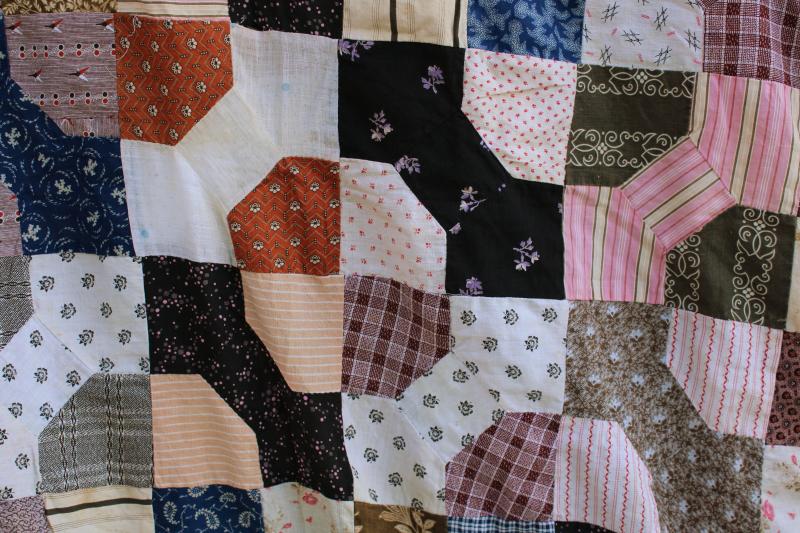 photo of 1800s vintage bow tie patchwork quilt top, antique cotton fabric shirtings & prints #14