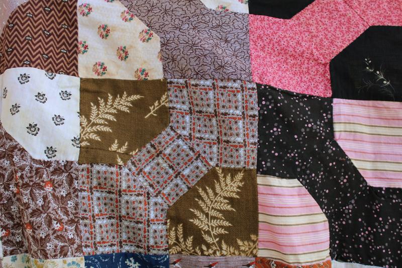 photo of 1800s vintage bow tie patchwork quilt top, antique cotton fabric shirtings & prints #15