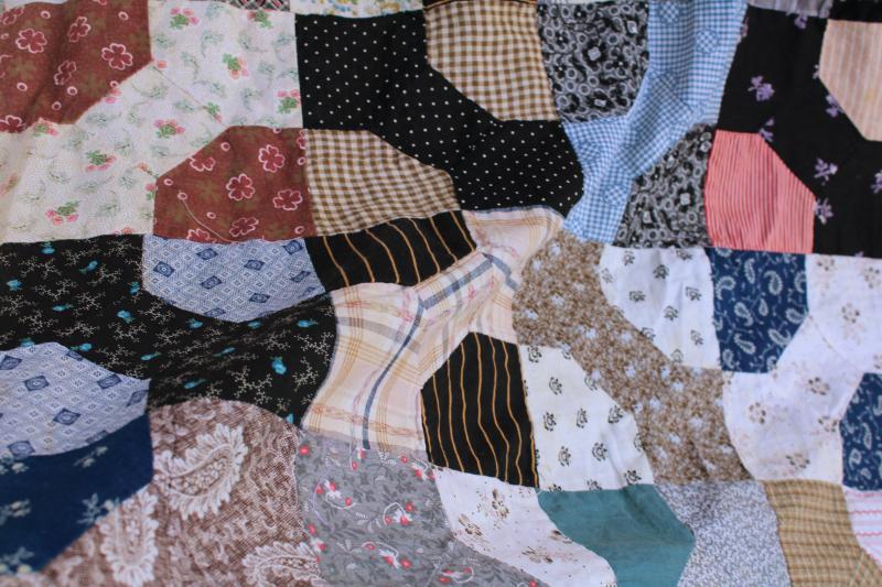 photo of 1800s vintage bow tie patchwork quilt top, antique cotton fabric shirtings & prints #16