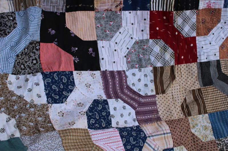 photo of 1800s vintage bow tie patchwork quilt top, antique cotton fabric shirtings & prints #17