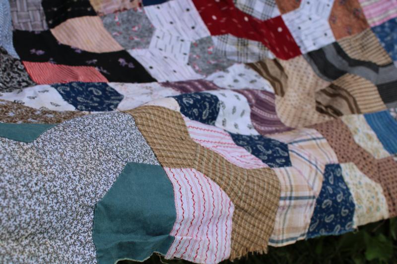 photo of 1800s vintage bow tie patchwork quilt top, antique cotton fabric shirtings & prints #18