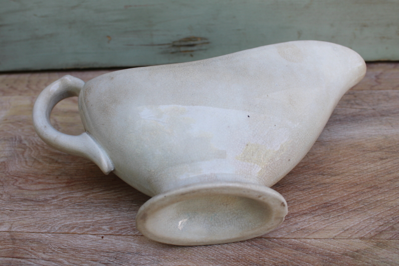 photo of 1800s vintage ironstone sauce pitcher or gravy boat, shabby antique browned china #5