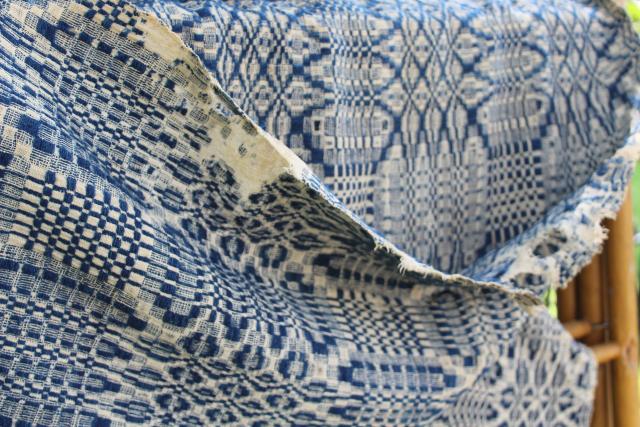 photo of 1800s vintage overshot woven wool coverlet, antique blue & white bedspread cutter fabric #11