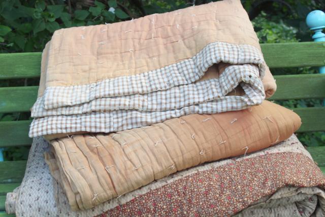 photo of 1800s vintage primitive antique tied quilts home dyed cotton & civil war era calico print #1