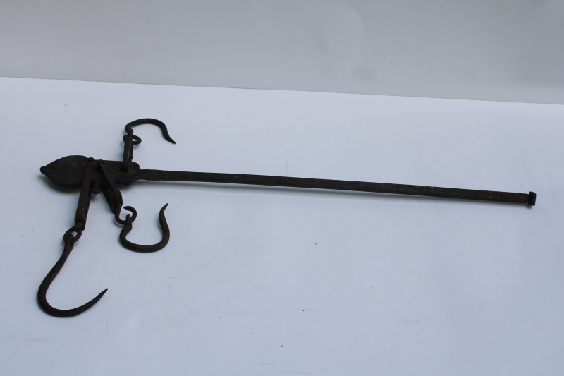 photo of 1800s vintage primitive farm tool, antique steelyard balance scale w/ forged iron hooks #1