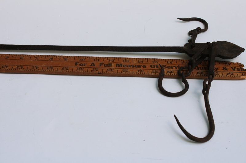 photo of 1800s vintage primitive farm tool, antique steelyard balance scale w/ forged iron hooks  #2