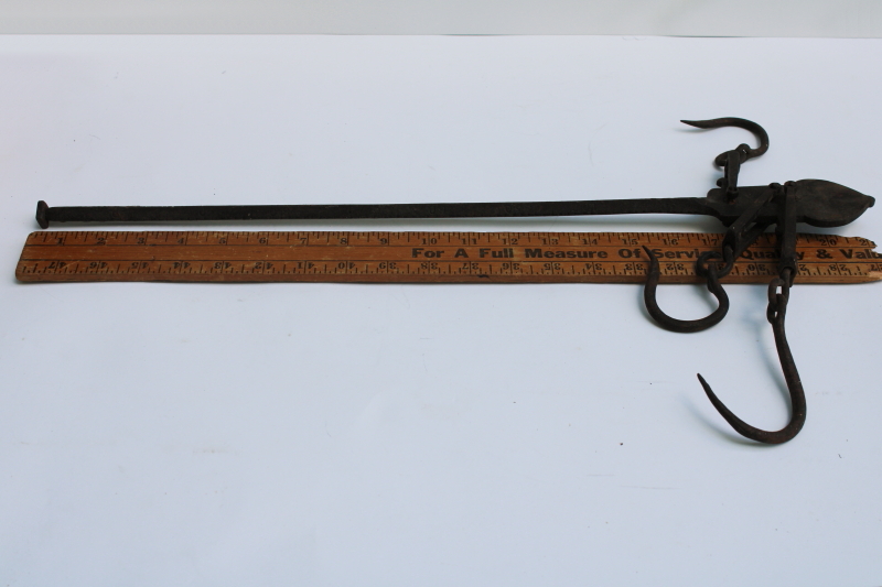 photo of 1800s vintage primitive farm tool, antique steelyard balance scale w/ forged iron hooks  #3
