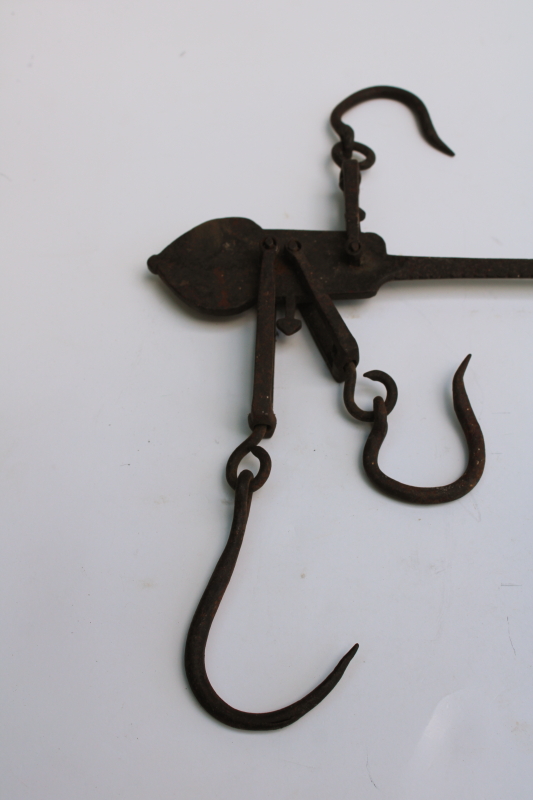 photo of 1800s vintage primitive farm tool, antique steelyard balance scale w/ forged iron hooks  #4