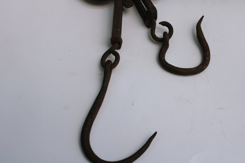 photo of 1800s vintage primitive farm tool, antique steelyard balance scale w/ forged iron hooks  #6