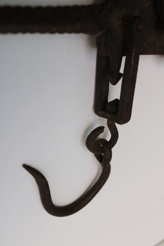 photo of 1800s vintage primitive farm tool, antique steelyard balance scale w/ forged iron hooks  #7