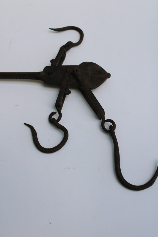 photo of 1800s vintage primitive farm tool, antique steelyard balance scale w/ forged iron hooks  #10