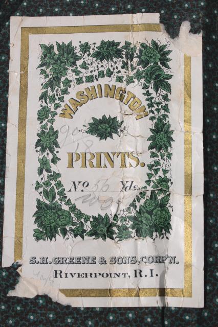 photo of 1800s vintage print cotton fabric w/ original antique paper label Riverpoint Rhode Island #2