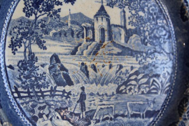 photo of 1800s vintage scenic views transferware plate, antique blue & white printed pottery #2