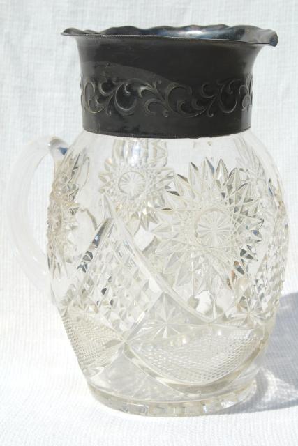photo of 1800s vintage silver / glass lemonade pitcher, star pattern EAPG antique pressed glass #1