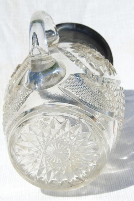 photo of 1800s vintage silver / glass lemonade pitcher, star pattern EAPG antique pressed glass #2