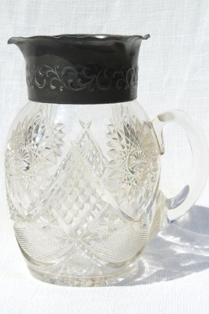 photo of 1800s vintage silver / glass lemonade pitcher, star pattern EAPG antique pressed glass #6