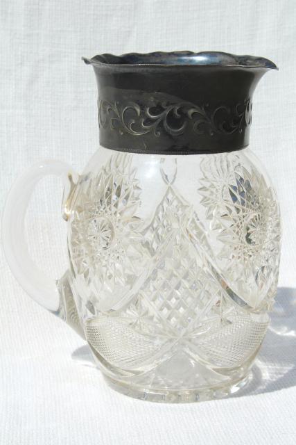 photo of 1800s vintage silver / glass lemonade pitcher, star pattern EAPG antique pressed glass #8