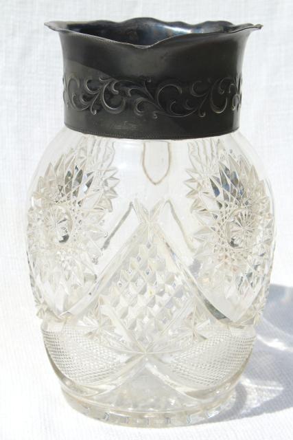 photo of 1800s vintage silver / glass lemonade pitcher, star pattern EAPG antique pressed glass #9