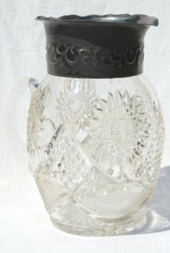 catalog photo of 1800s vintage silver / glass lemonade pitcher, star pattern EAPG antique pressed glass