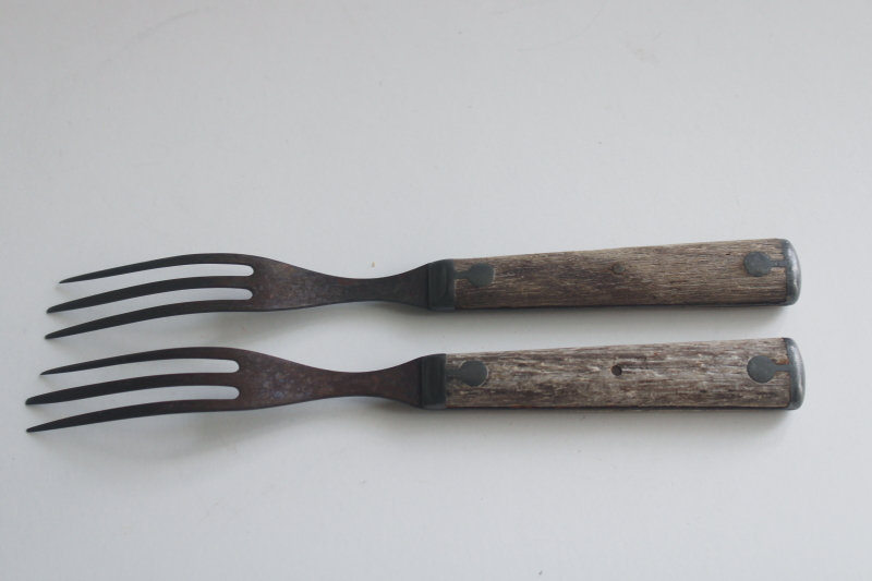 photo of 1800s vintage three tine trident forks, 19th century antique steel forks weathered wood handles  #3