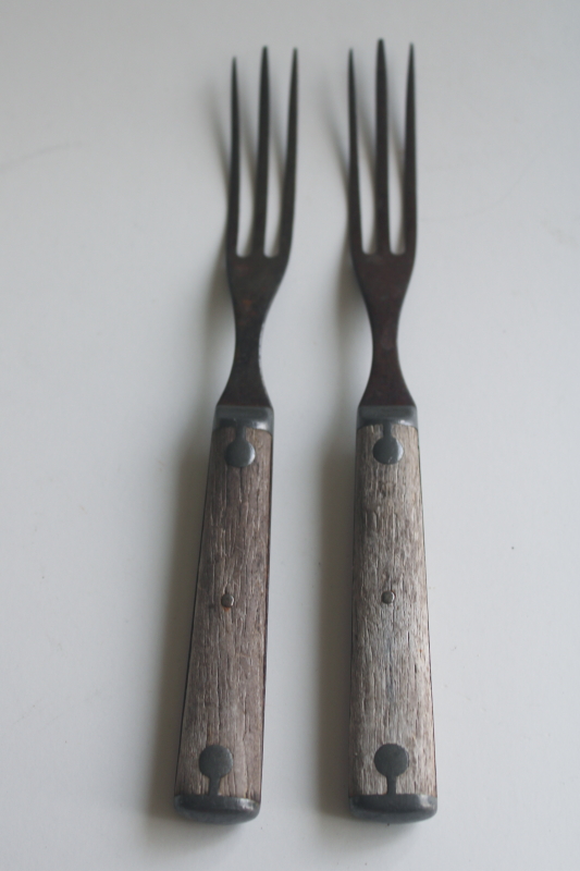 photo of 1800s vintage three tine trident forks, 19th century antique steel forks weathered wood handles  #4