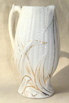 catalog photo of 1800s vintage white ironstone china pitcher ear of corn milk jug, antique cornware