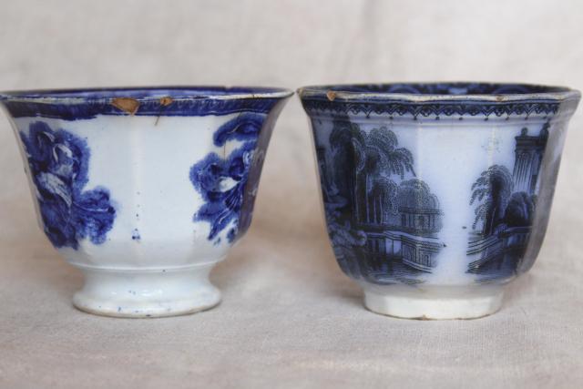 photo of 1840s 1850s antique handleless cups, English flow blue china early Victorian vintage #8