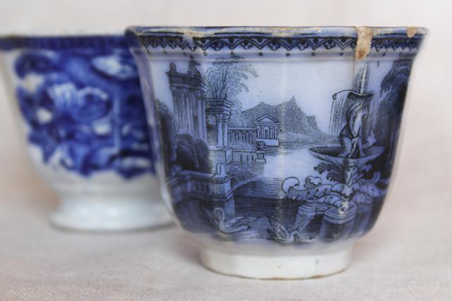 photo of 1840s 1850s antique handleless cups, English flow blue china early Victorian vintage #9