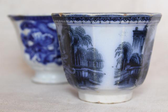 photo of 1840s 1850s antique handleless cups, English flow blue china early Victorian vintage #10