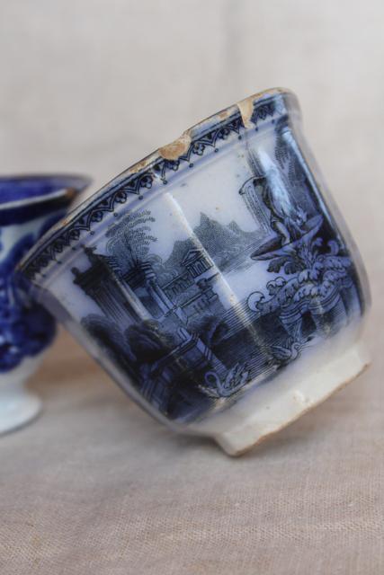 photo of 1840s 1850s antique handleless cups, English flow blue china early Victorian vintage #11