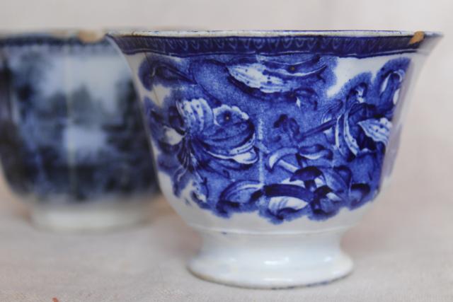 photo of 1840s 1850s antique handleless cups, English flow blue china early Victorian vintage #14