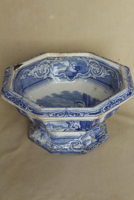 photo of 1850s antique blue & white ironstone octagonal bowl basin, Cupid & Psyche Grecian ruins Clementson Sydenham #1