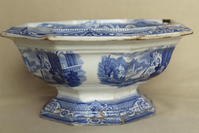 photo of 1850s antique blue & white ironstone octagonal bowl basin, Cupid & Psyche Grecian ruins Clementson Sydenham #2