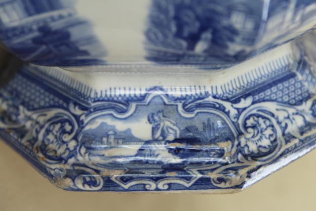 photo of 1850s antique blue & white ironstone octagonal bowl basin, Cupid & Psyche Grecian ruins Clementson Sydenham #4