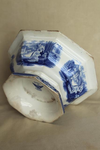 photo of 1850s antique blue & white ironstone octagonal bowl basin, Cupid & Psyche Grecian ruins Clementson Sydenham #6