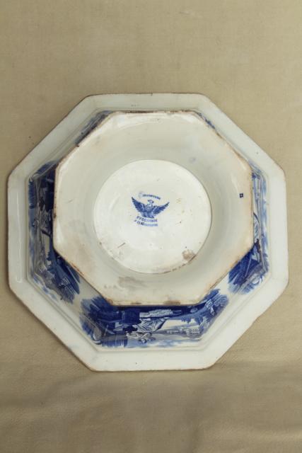 photo of 1850s antique blue & white ironstone octagonal bowl basin, Cupid & Psyche Grecian ruins Clementson Sydenham #7