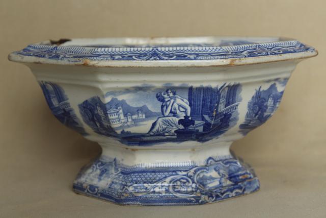 photo of 1850s antique blue & white ironstone octagonal bowl basin, Cupid & Psyche Grecian ruins Clementson Sydenham #12