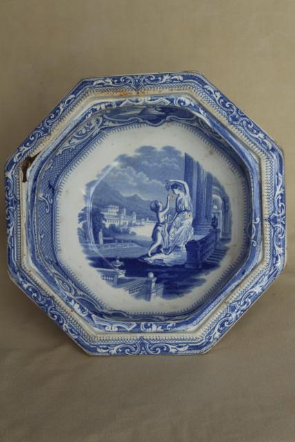 photo of 1850s antique blue & white ironstone octagonal bowl basin, Cupid & Psyche Grecian ruins Clementson Sydenham #14