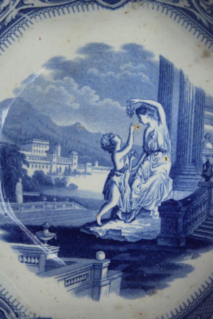 photo of 1850s antique blue & white ironstone octagonal bowl basin, Cupid & Psyche Grecian ruins Clementson Sydenham #15