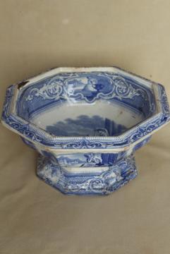 catalog photo of 1850s antique blue & white ironstone octagonal bowl basin, Cupid & Psyche Grecian ruins Clementson Sydenham