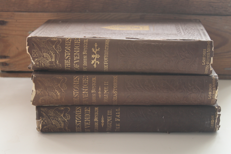 photo of 1850s three volumes Ruskin The Stones of Venice, possible 1st edition books Venetian architecture art #1