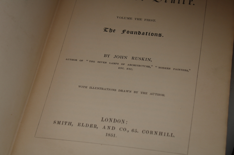 photo of 1850s three volumes Ruskin The Stones of Venice, possible 1st edition books Venetian architecture art #2