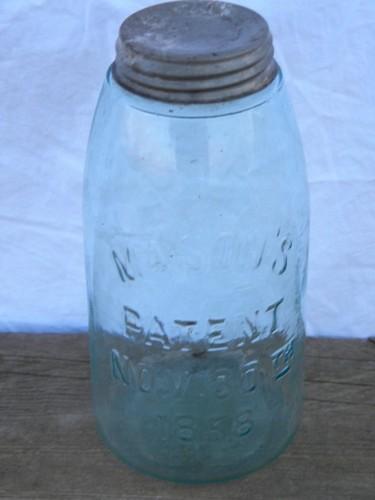 photo of 1858 patent date, old antique aqua blue glass fruit jar, 2 qt size #1