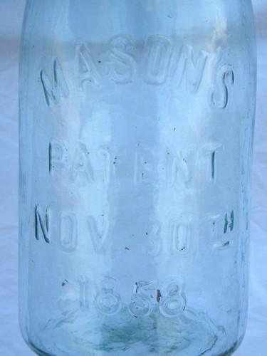 photo of 1858 patent date, old antique aqua blue glass fruit jar, 2 qt size #2