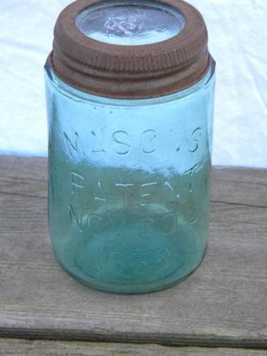 photo of 1858 patent date, old antique aqua blue glass fruit jar, pint size #1