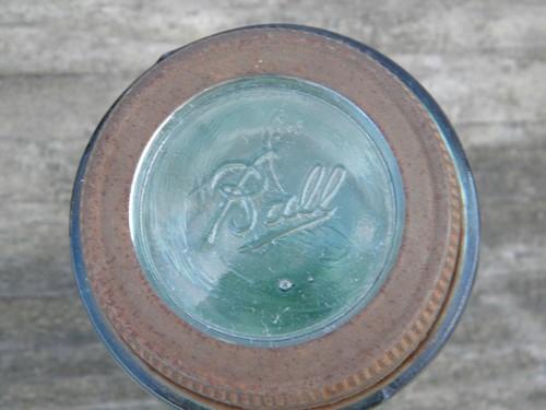 photo of 1858 patent date, old antique aqua blue glass fruit jar, pint size #2