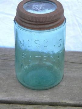 catalog photo of 1858 patent date, old antique aqua blue glass fruit jar, pint size